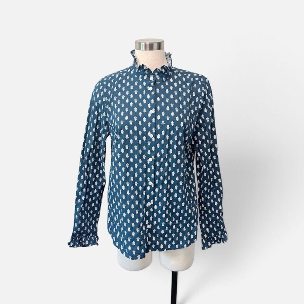 J. Crew Regenerative Cotton Blue Floral Ruffle Blouse Top Mock Secretary Medium